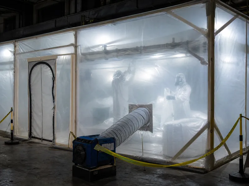 Abatement workers in protective suits inside a sealed containment enclosure
