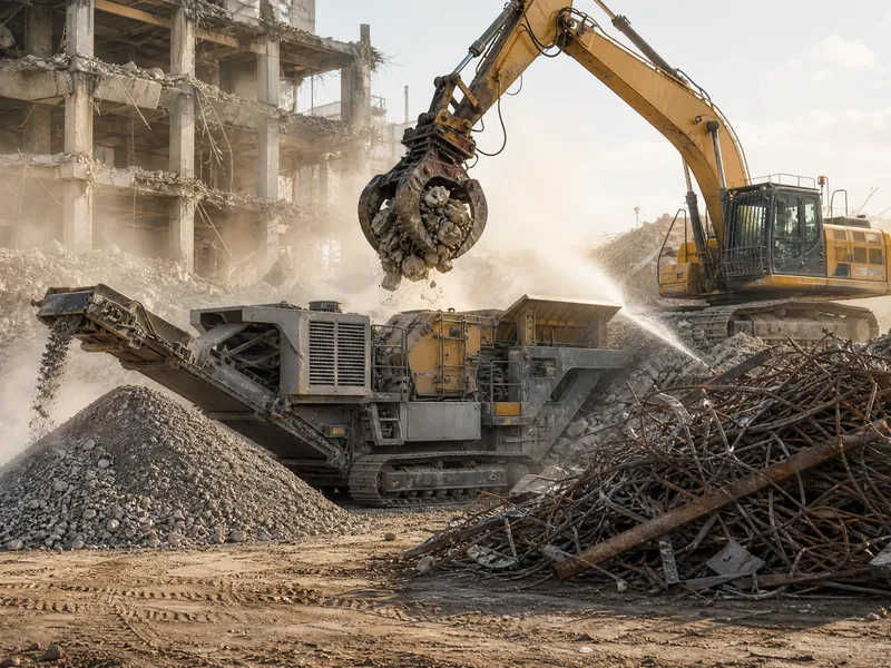 A mobile crusher processing concrete rubble into recycled aggregate on site