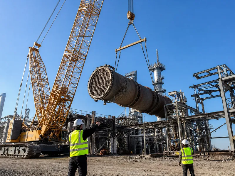 A crawler crane rigging a heavy industrial component during a plant teardown