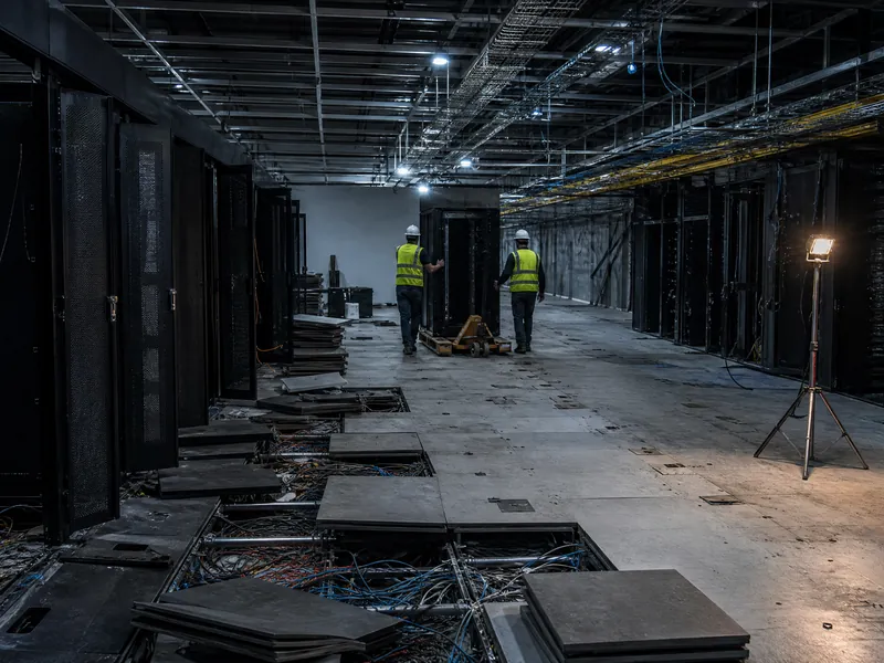 Interior strip-out of a data hall with raised floor and cable trays removed