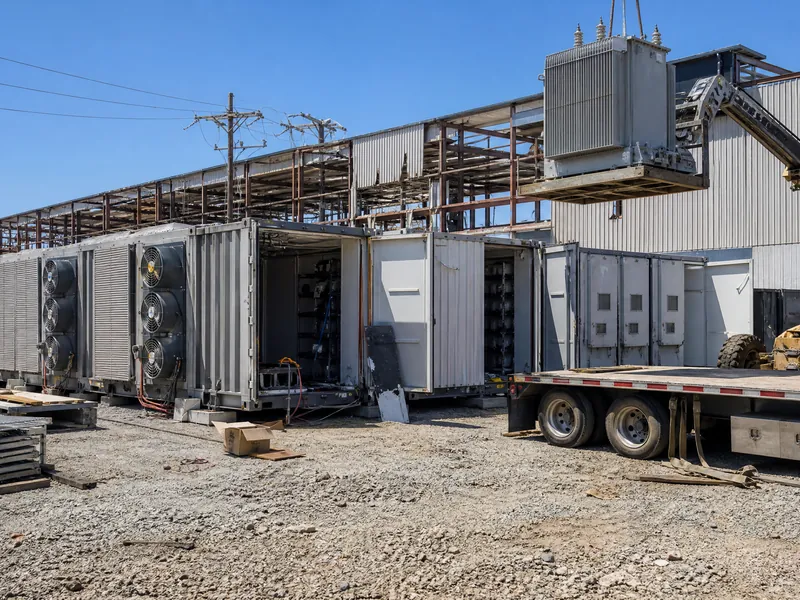 A mining facility headframe and processing structure being dismantled