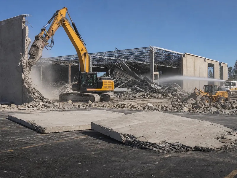 Structural demolition of a warehouse frame with an excavator and debris pile