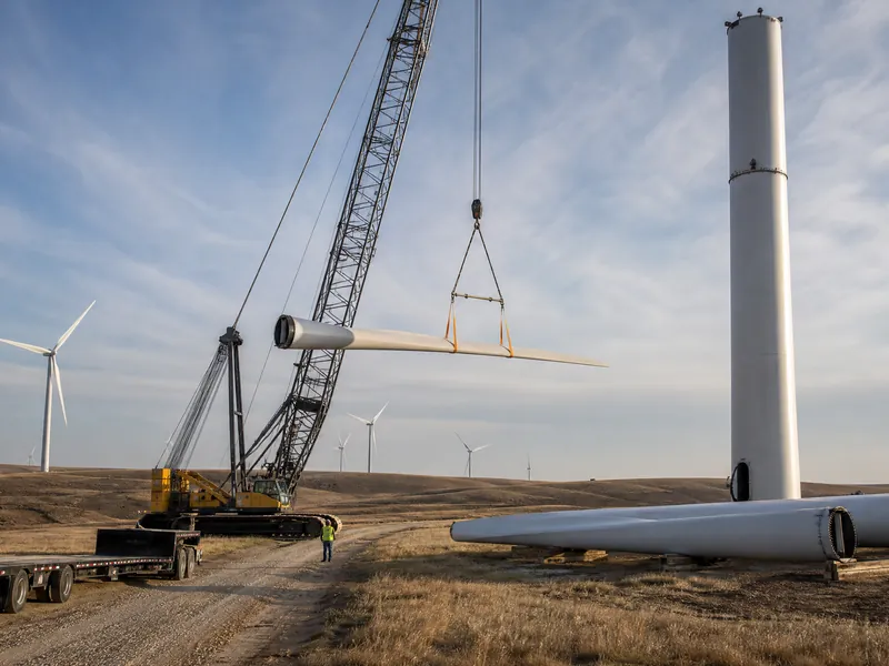 A wind turbine being decommissioned with a crane and sectioned blades on the ground